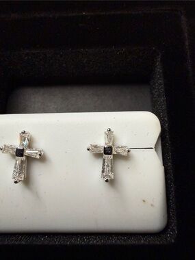 axnt Sterling Silver Cross Drop Earrings with Moissanite Stones - White